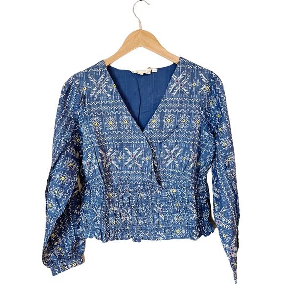 ANTHROPOLOGIE Embroidered Smocked Blouse Sleeves Top Blue Boho V-Neck Small NWT - Picture 2 of 7